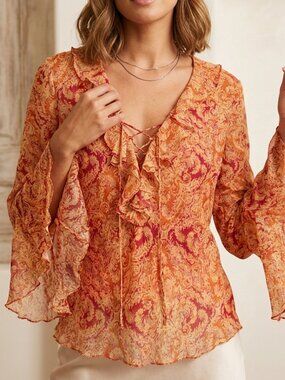 Boho Beaded Vision Apparel Paisley Silk Ruffle Lace-Up Blouse Size XL